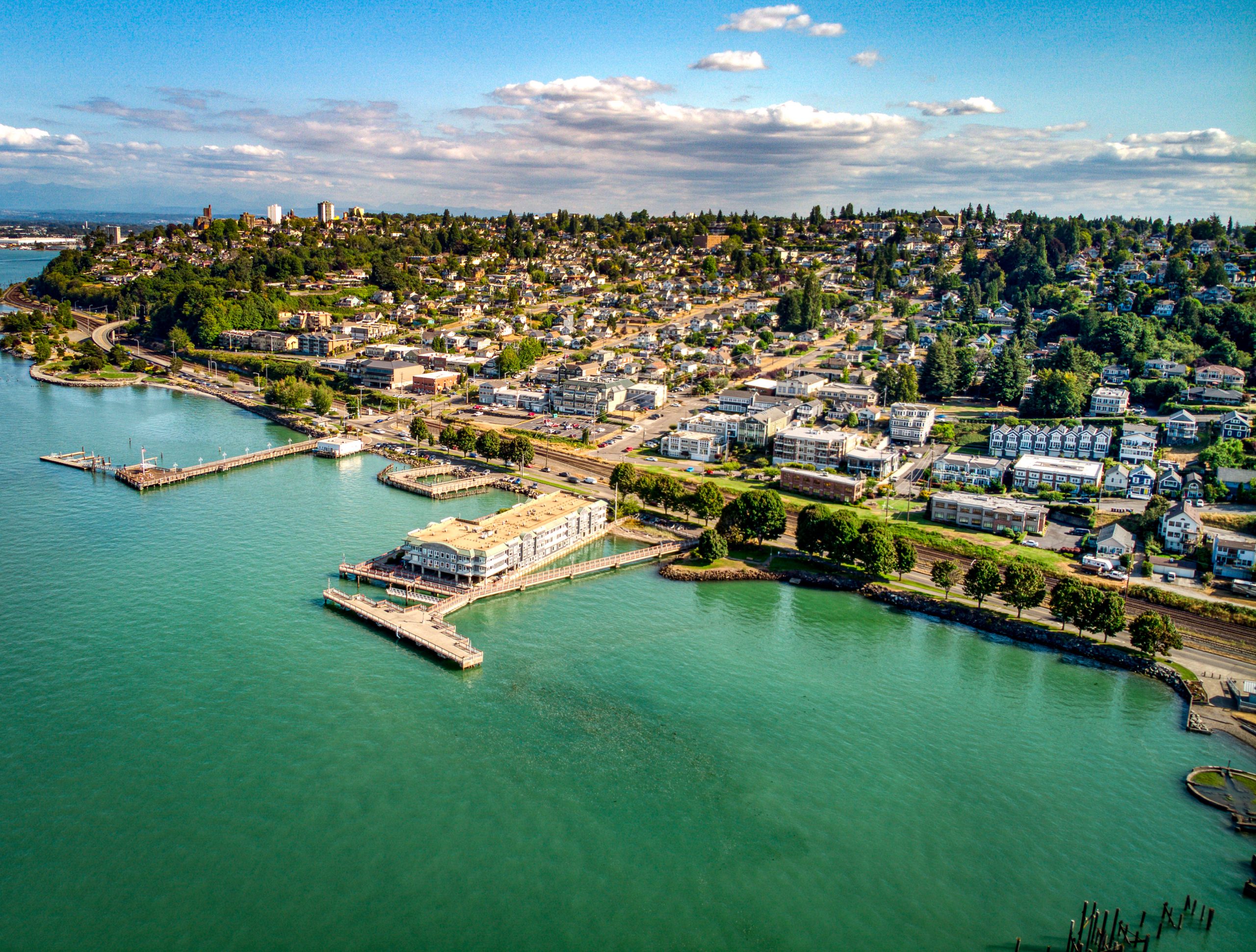 old town tacoma photographed from the air above commencement bay