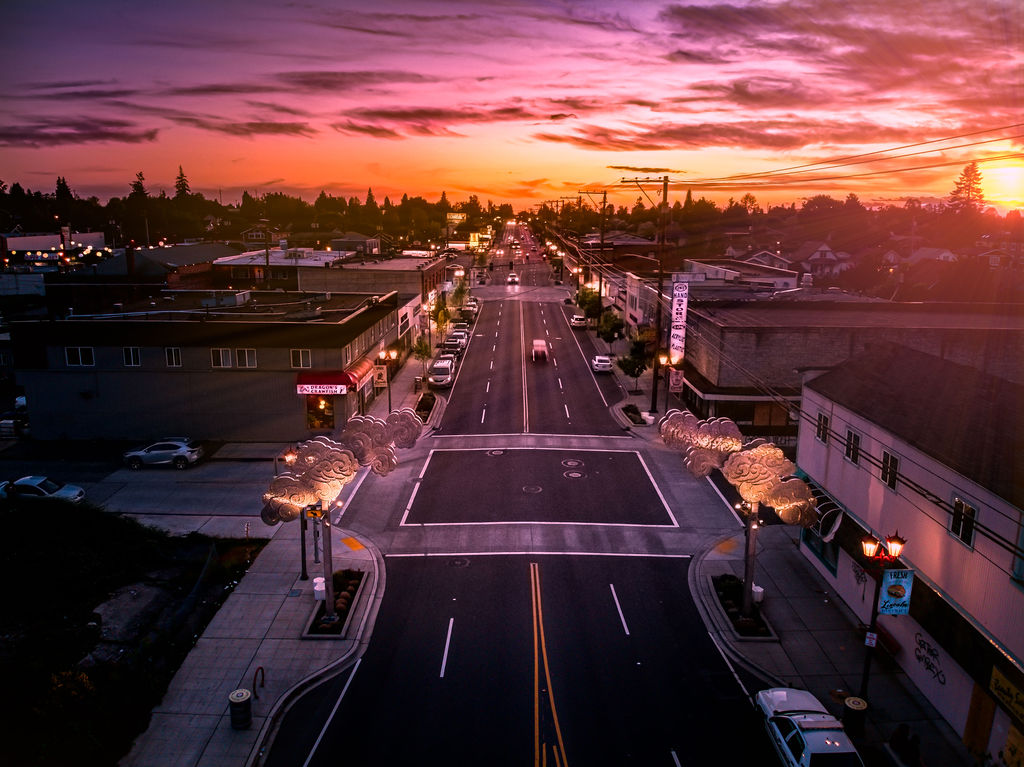A photo of 38th Street in the South End of Tacoma shot from above at sunset.