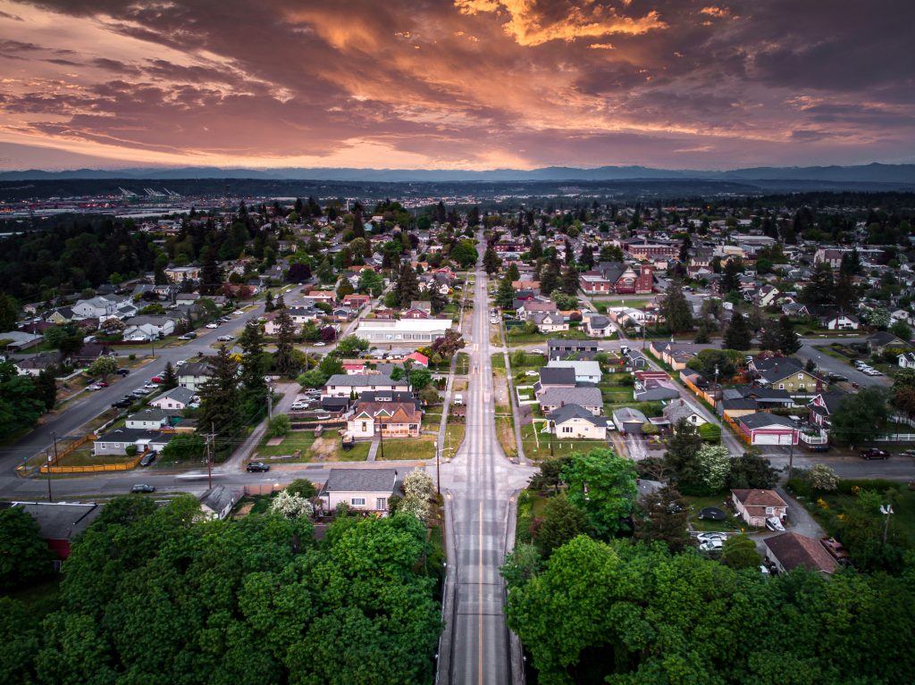 A photo of the eastside of Tacoma at sunset on McKinley Hill.