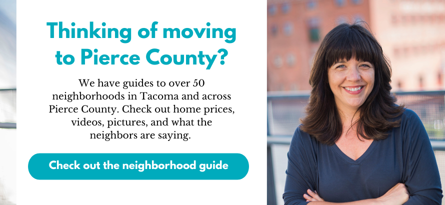 A picture of tacoma real estate agent marguerite martin with her arms crossed smiling, text says, "Thinking of moving to pierce county? We have guides to over 50 neighborhoods in Tacoma and across Pierce County. Check out home prices, videos, pictures, and what the neighbors are saying. Check out the neighborhood guide"
