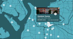 A blue map of Tacoma Neighborhoods highlighting the Downtown Tacoma Neighborhood