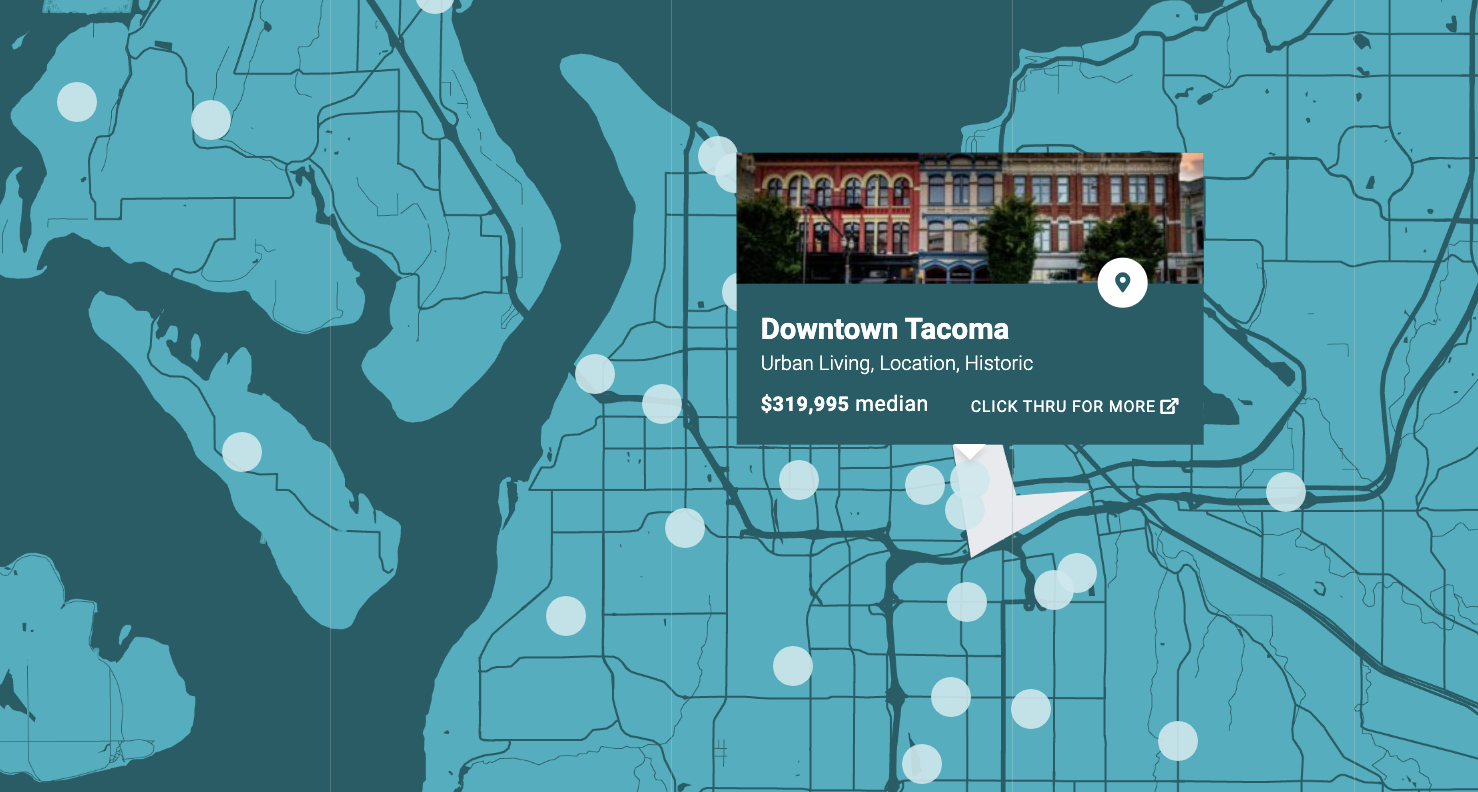 A blue map of Tacoma Neighborhoods highlighting the Downtown Tacoma Neighborhood