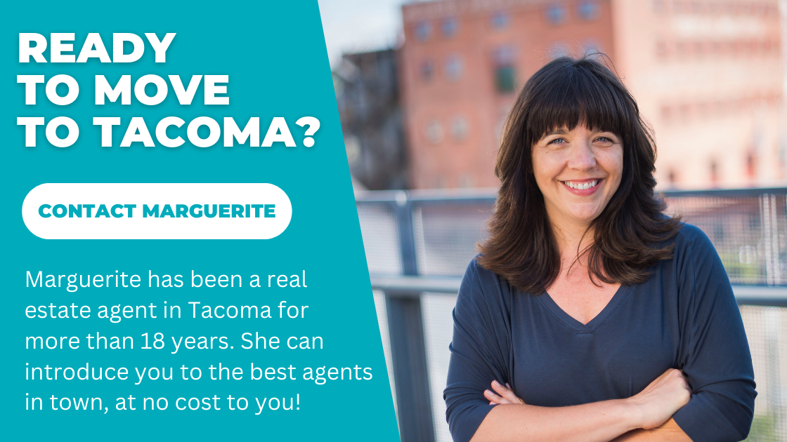 A photo of Marguerite, a person with long brown hair and arms crossed with the words "Ready to moving to Tacoma? Click here to contact Marguerite"